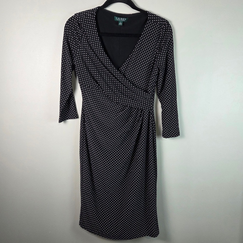 Lauren Ralph Lauren Faux Wrap Dress Women 4 Black Polka Dot Career
